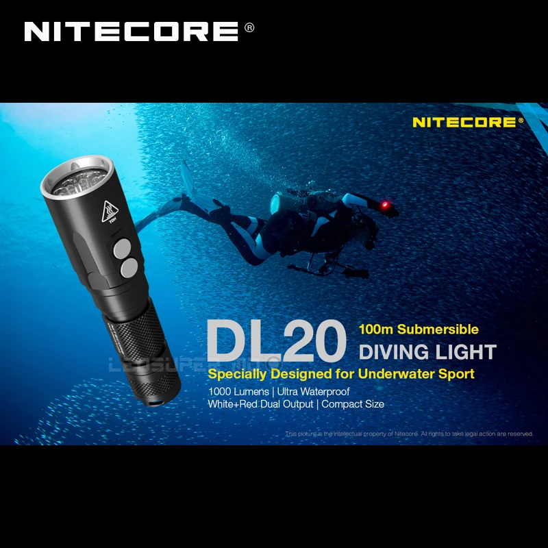 100 метров погружной ультра водонепроницаемый фонарик NITECORE DL20 1000 Люмен двойной источник света для подводного спорта