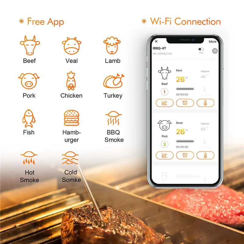 Inkbird IBBQ-4T Wi-Fi BBQ цифровой термометр непромокаемый магнитный Будильник Термометр с 4 зондами для барбекю кухонный курильщик гриль