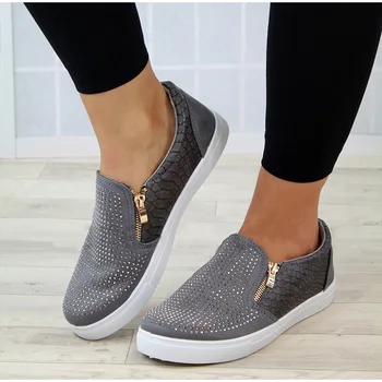 

Spring Shoes Women Crystal Slip on Flat Loafers Zipper Embossed Leather Ladies Glitter Platform Fashion Female Moccasins