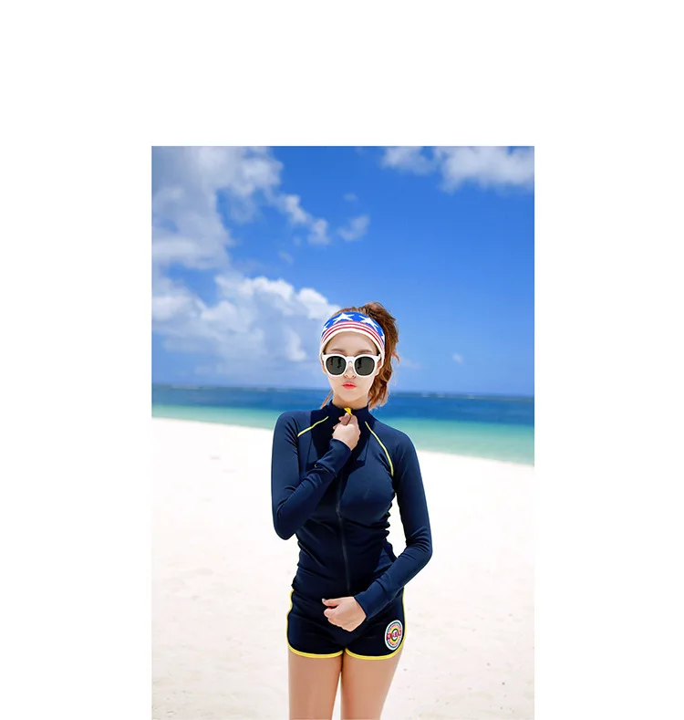 

South Korea Zipper Women's Two-piece Swimsuits Sun-resistant Swimwear Boxer Bikini Three-piece Set Beach Hot Springs
