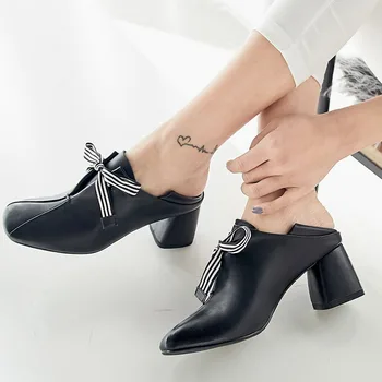 

Karinluna Brand New Sweet Butterfly Knot Square High Heels Genuine Leather Shoes Woman Pumps