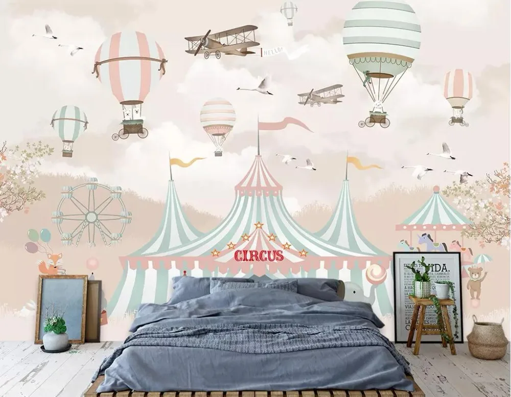 Diantu Mural wallpaper cartoon hot air balloon circus background children room boy girl bedroom background mural 3d wallpaper