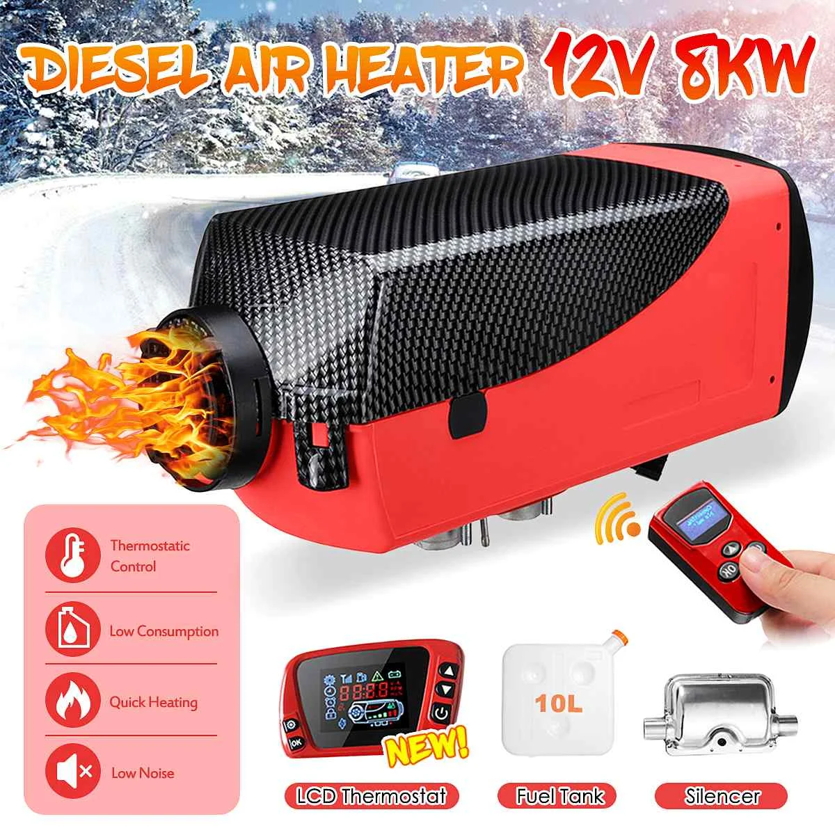 Skup 12V 8000W podgrzewacz samochodowy diesel podgrzewacz powietrza 4 tunelu pilot zdalnego sterowania czerwony LCD termostat do przyczepa kempingowa RV samochód ogrzewanie fan