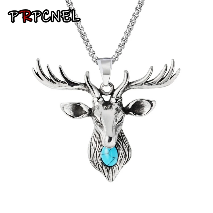 

Retro elk Silver color Sika Deer Head Shape Pendant Blue Turquoises Stone Necklace For Gift Jewelry