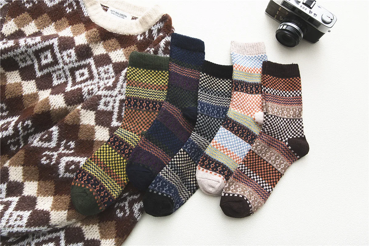5HSS Brand Business Man Lână 5 perechi / lot Șosete bărbătești îngroșate din bumbac calde, stil retro național, pătrate mici pentru zăpadă_voghion.com