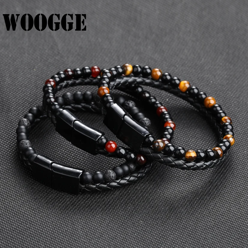 Fashion Men Jewelry Genuine Leather Bracelet Black Stainless Steel Magnetic Clasp Tiger eye Natural Stone Bead Bracelet Men