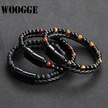 Fashion Men Jewelry Genuine Leather Bracelet Black Stainless Steel Magnetic Clasp Tiger eye Natural Stone Bead Bracelet Men
