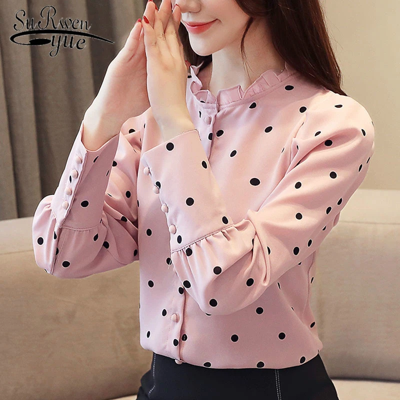 Женская шифоновая блузка в горошек с длинным рукавом и оборками|women fashion shirt|women