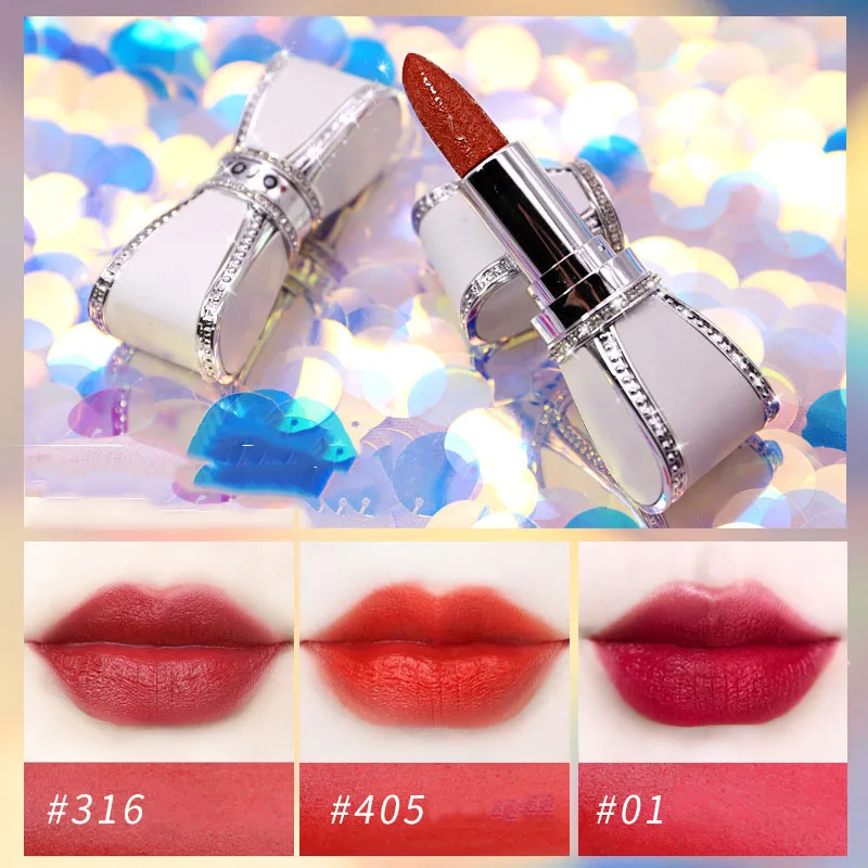 

ZHENDUO 6 colors Diamond bow velvet matte lipstick mist smooth moisturizing Long-lasting Non-fading red lip stick beauty makeup