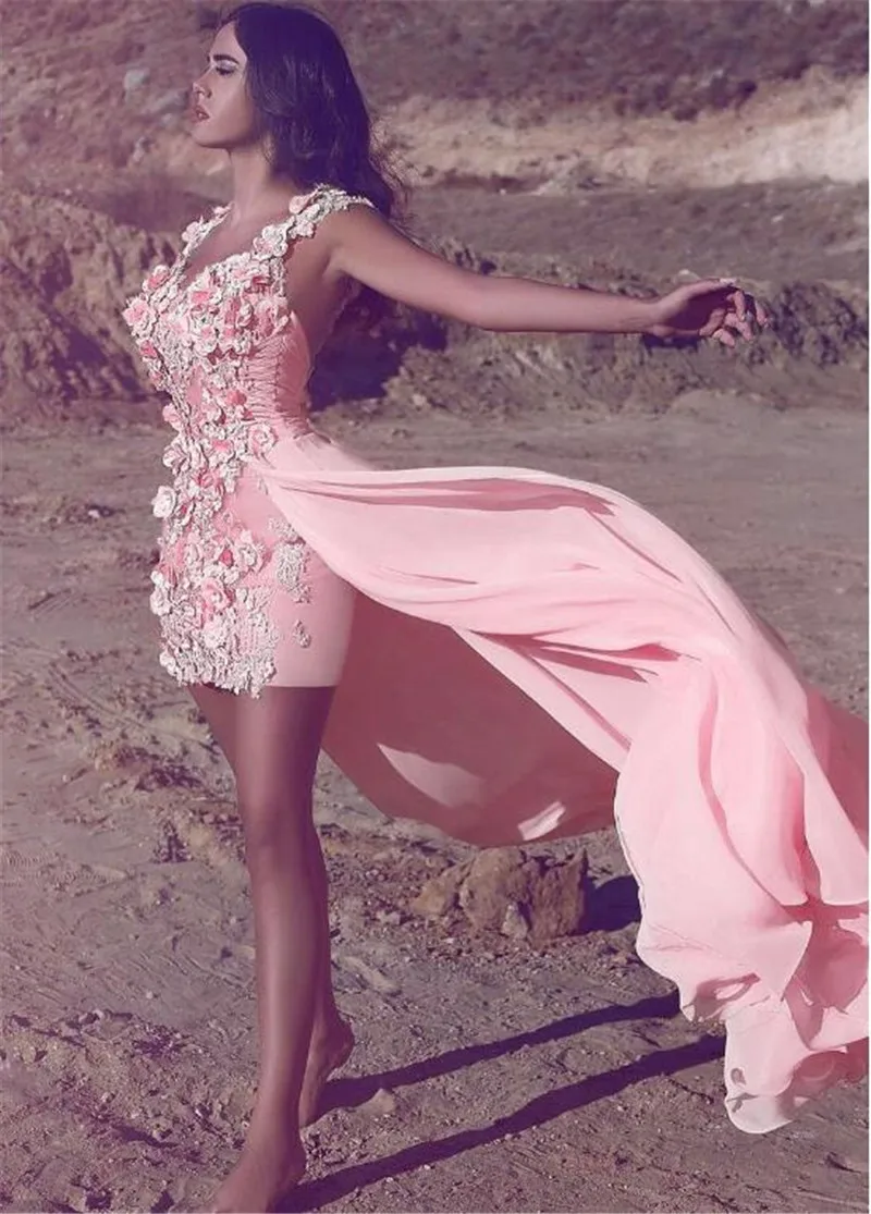 Sevintage 3D цветы Высокая Низкая мини-Выпускные платья с длинной юбкой плиссированные шифоновые вечерние платья для особых случаев vestidos de fiesta - Цвет: Picture Color