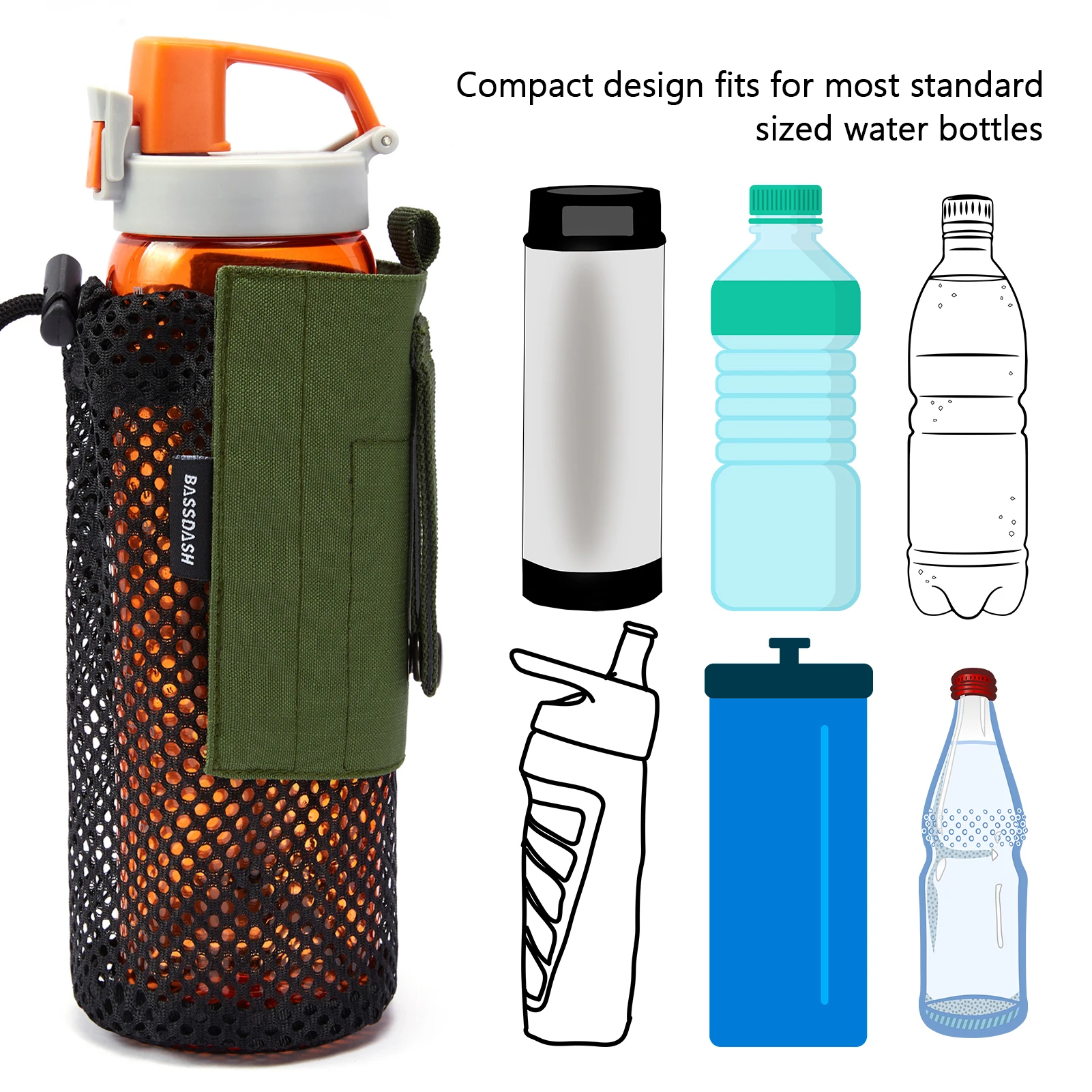 Bassdash Water Bottle Pouch with Molle Straps Belt Clip Carabiner Foldable Mesh Holder Bag for Travel Fishing Hunting Hiking 5