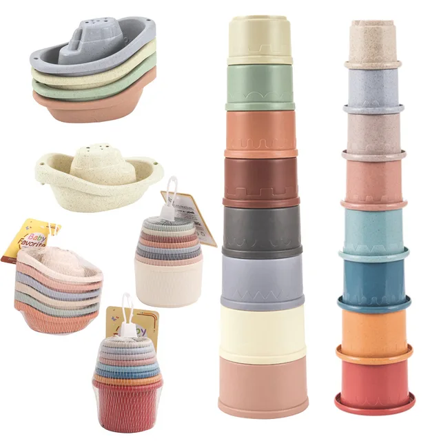 Baby Bath Toys Stacking Cup Toys Colorful Early Educational Intelligence Gift Boat-shaped Stacked Cup Folding Tower Toys 2