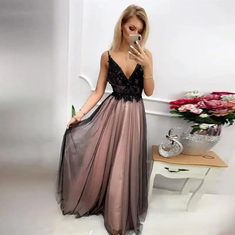 black and champagne prom dress