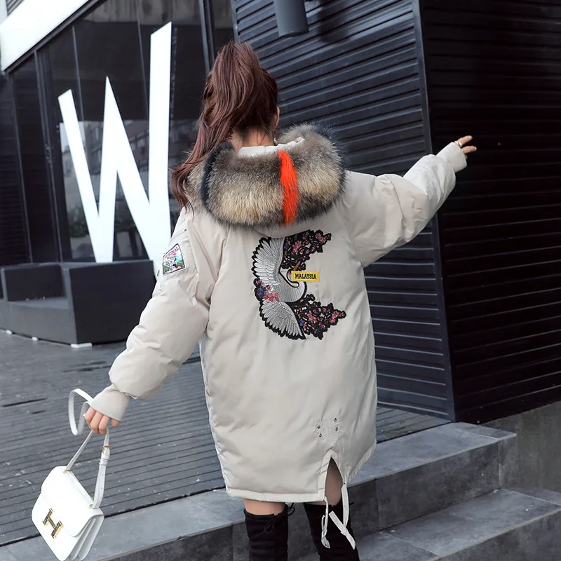 

Crane Embroidery Back Slit Irregular Cotton Coat Large Size Dress Elegant Large Fur Collar Versatile Simple Cotton-padded Clothe