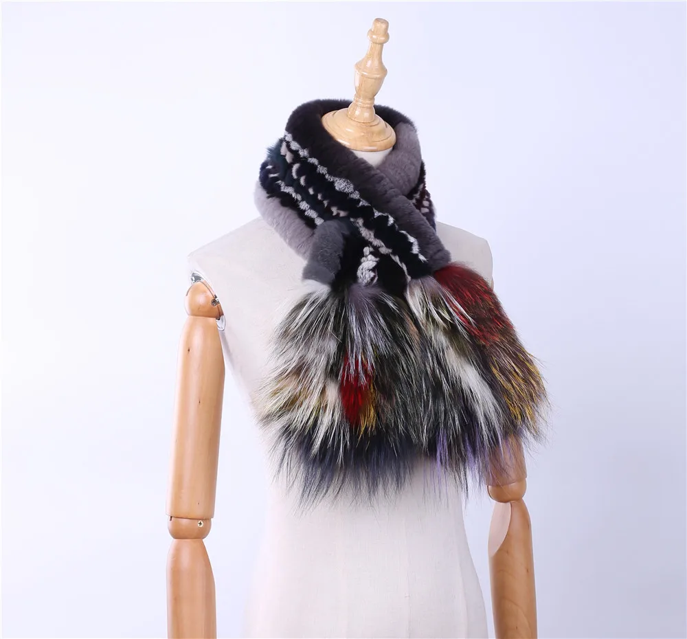 Brand New Genuine Real Rex Rabbit Fur Women's Fashion Fur Scarf Scarves Silver Fox Fur Knitted Wraps Multicolor Winter Warm