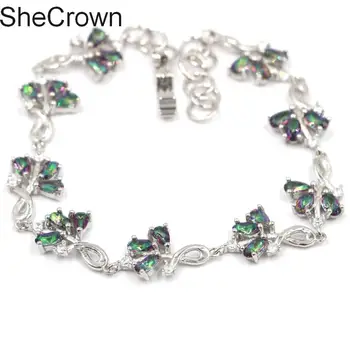 

5x3mm SheCrown Fire Rainbow Mystic Topaz White CZ Gift For Girls Silver Bracelet 8.0-8.5in