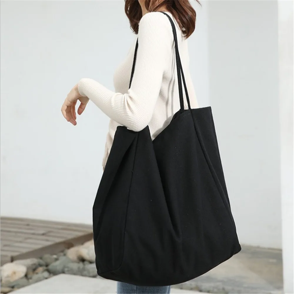 

Women Big Canvas Shopping Bag Reusable Soild Extra Large Tote Grocery Bag Eco Environmental Shopper Shoulder Bags For Young Girl