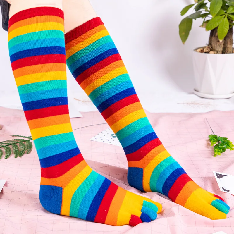 Long Rainbow Socks with Toes Women Girl Combed Cotton Young Fashion Colorful Stripes Black Maple Leaf 5 Fingers Calf Socks Happy