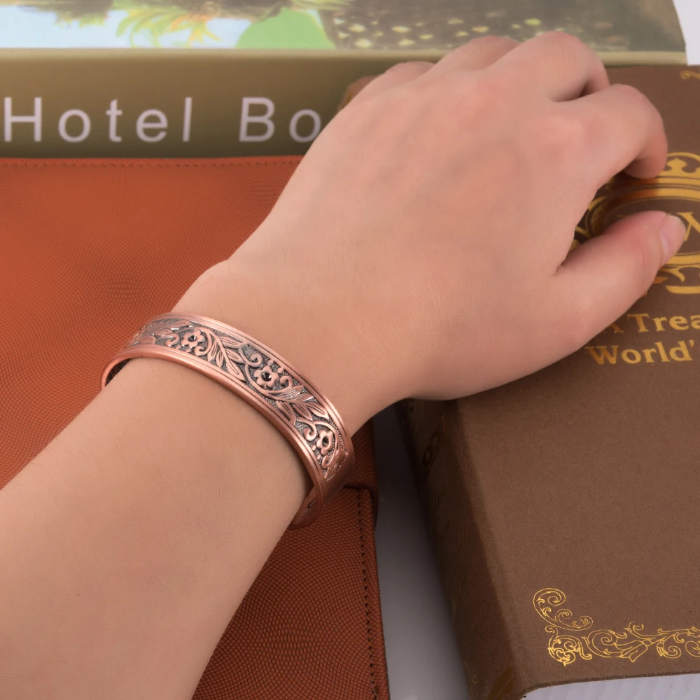 Meatlhy Magnetic Bracelet Pure Copper Flower Leaf 14mm Cuff Adjustable Bangles Femme Health Arthritis Vintage Jewelry for Men_voghion.com