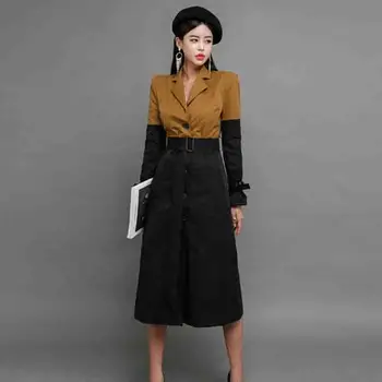 

Runway Designer single-breasted Patchwork Blazer Dress Fashion High Quality Black Khaki Hit Color Coats Work Clothes OL Vestidos