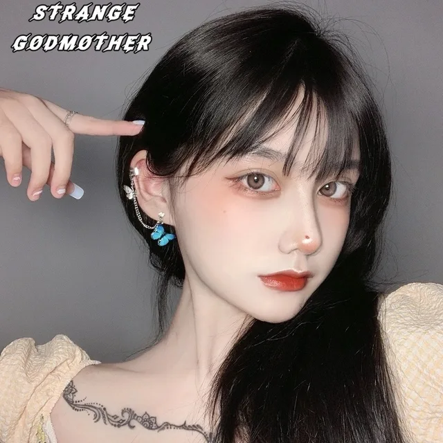 Korean Fashion Simple Butterfly Tassel Earrings For Girls Women Piercing Long Earrings 2021 Trend Hanging Metal Ear Cuff Jewelry Sky blue one clip