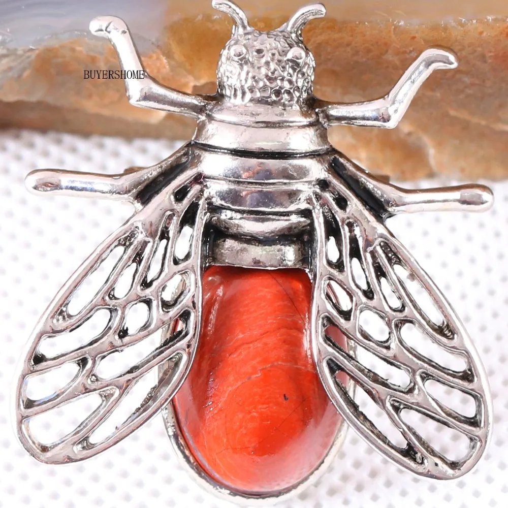 1Pcs Silver Cicada Brooch Natural Stone Pendant Howlite Rhodonite Carnelian Onyx Bead for Men Women DIY Jewelry Making