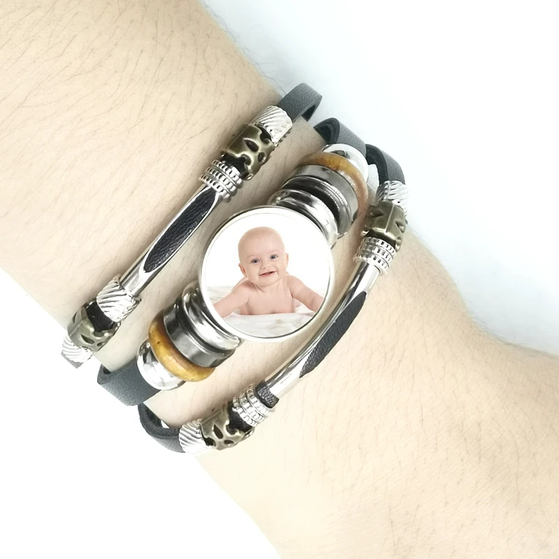 

New Style Black Punk Style Leather Snap Buckle Glass Custom Bracelet Baby Children Parents Siblings Friends Art Photo Custom