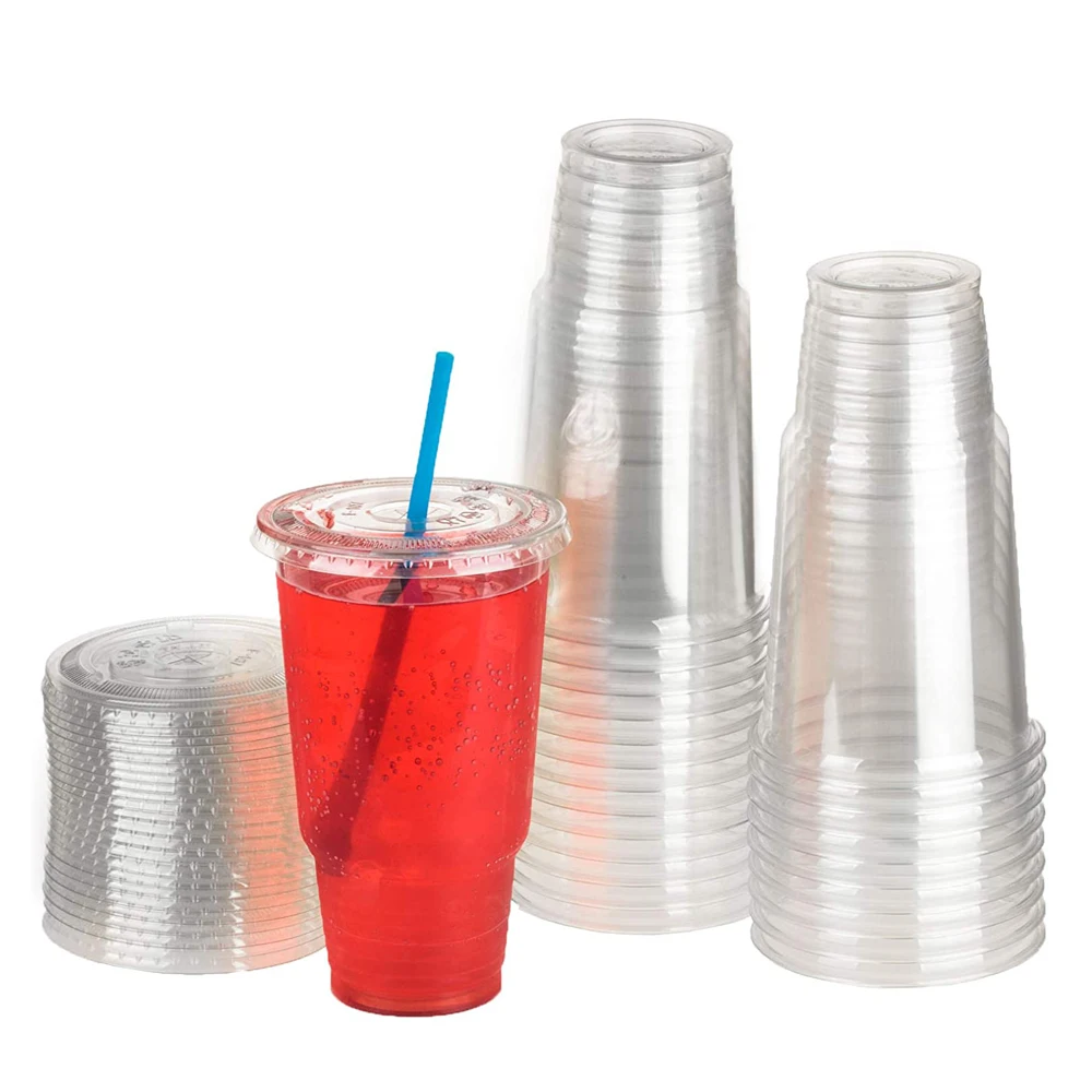 

32oz ( 900ml ) 50 sets Clear Plastic Cups With Flat Lids And Straws
