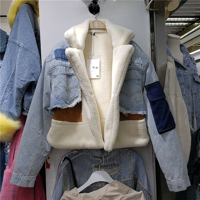 Осенняя и зимняя новая куртка из овечьей шерсти с отворотом, толстая, сшитая, индивидуальная, плюс бархатная джинсовая куртка, Женская куртка