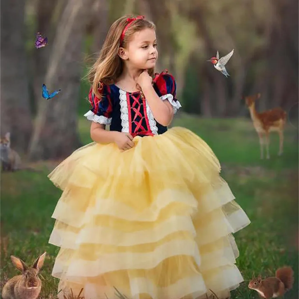 Новинка; платье принцессы Белль для девочек; карнавальный костюм; одежда для дня рождения; детское длинное платье на Рождество; Костюм Золушки; костюм Белоснежки