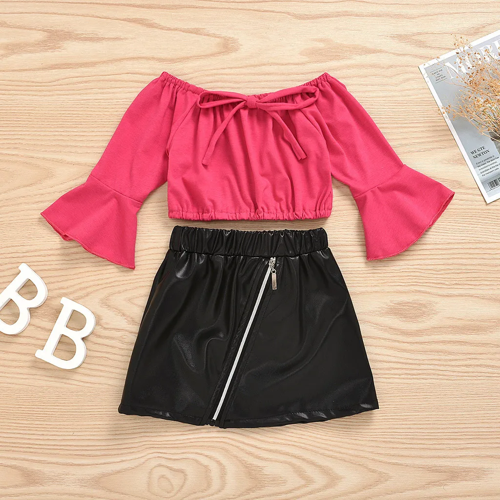 2020 Baby Girls Sexy Party Outfits Kawaii Pink Shoulder Off Tops + Zipper Leather Skirts Sweet Girl Summer Luxury Events | Детская