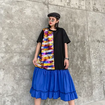 

Short Sleeved Round Neck Dress Female 2020 New Summer Contrast Sequin Stitching Solid Color Ruffle Hem T-shirt Long Dress Tide