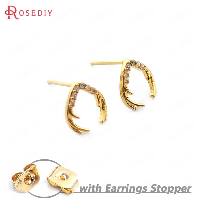 33725) 6 шт. рога 9,5*8,5 мм 24K золото цвет латунь, цирконий рога серьги-гвоздики высокого качества ювелирных изделий Аксессуары