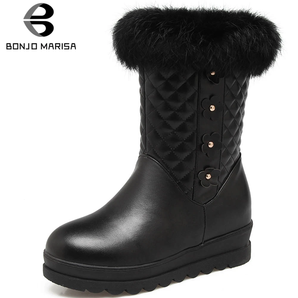 

BONJOMARISA New 33-43 Zipper Fur Booties Ladies Winter Warm Platform Ankle Snow Boots Women 2019 Casual Wedges Shoes Woman