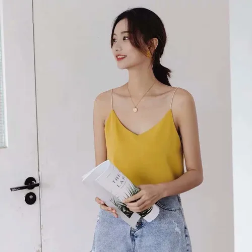 Korean Chiffon Top Women Woman V-neck Satin Tank Top Woman Sleeveless Vest Tops Tees Loose Sexy Women White Top Ladies Camis 203-Yellow