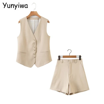 

Women Khaki Wasitcoat Suit 2 Piece Set Female Elegant Jacket Ladies Casual Sleevless Blazer Sets Womens Outfits