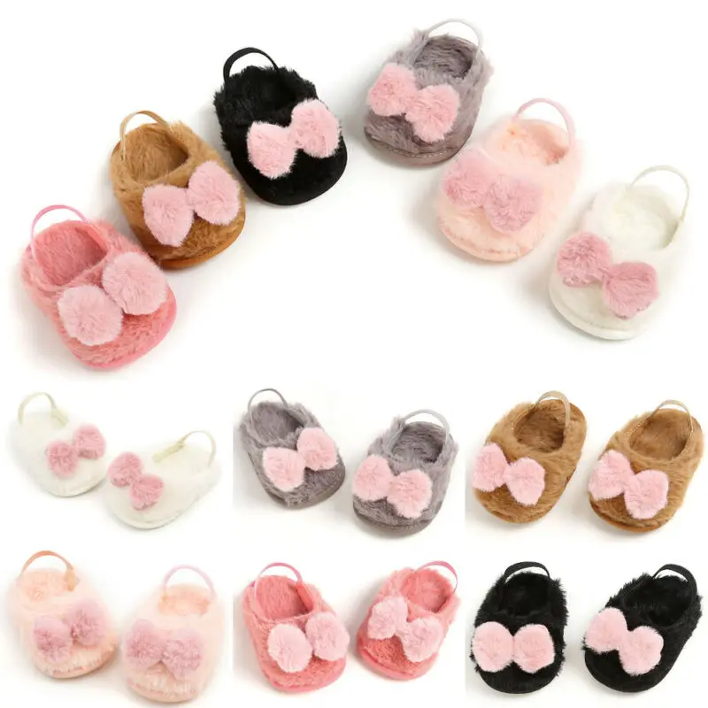

Newborn Baby Slippers Winter Warm Newborn Princess Girl Cute Faux Bow Soft Crib Band Fuzzy Shoes Toddler Fuzzy First Walker