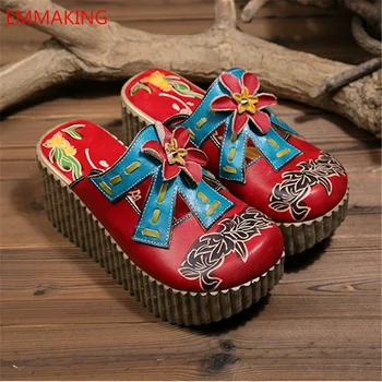 

EMMAKING 2020 Geniune leather slippers Splicing floral pattern Hand-made round toe slip-on thick sole women sandals New shoes