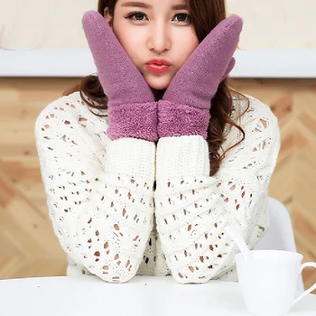 

New Lovely Female Winter Knit Wool Thicker Cashmere/Velvet Warm Black Gloves Ladies Cute Fingerless Women Solid Mittens Guantes