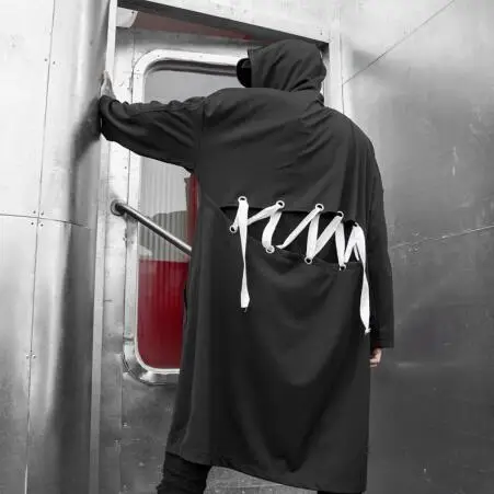 Мужская винтажная длинная куртка в стиле хип-хоп на шнуровке сзади, плащ с капюшоном, осенне-зимнее Мужское пальто оверсайз, уличная куртка панка, Прямая - Цвет: Черный