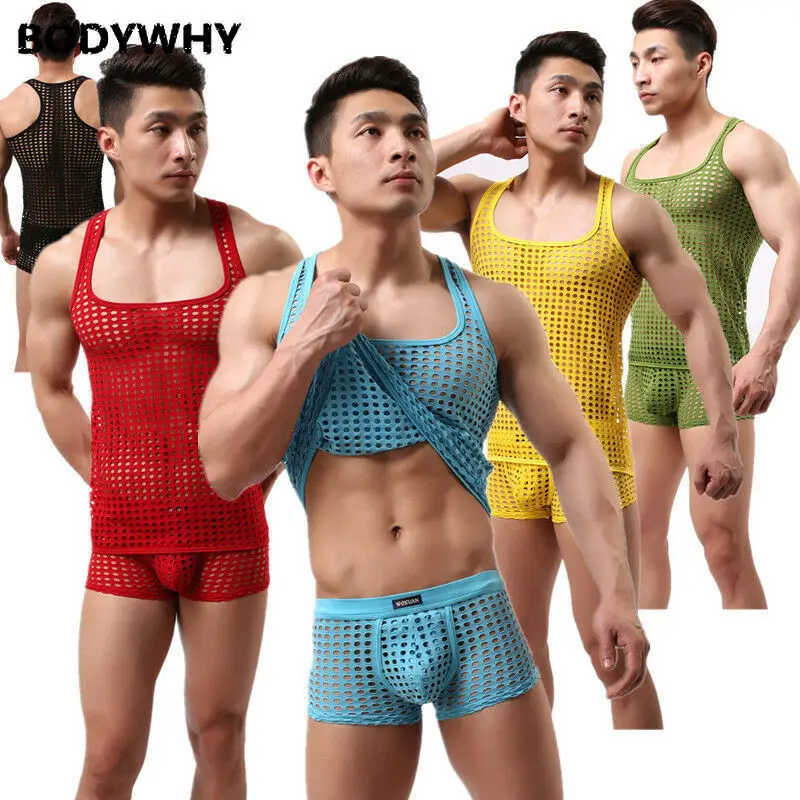 

Men's Hollow Mesh Nets Sexy Underwear Set Boxer Briefs Top Tank Vest L M S Pajama Set Pajamas Men Mens Pajama Set Sleepwear
