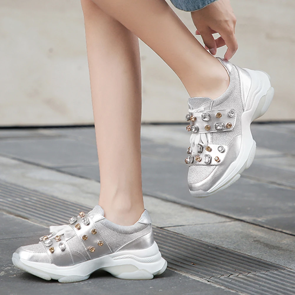 

Sarairis Fashion New Design Split Leather Lace-Up Crystal Shoes Woman Vulcanize Spring Casual Platform Trainers Women Shoes