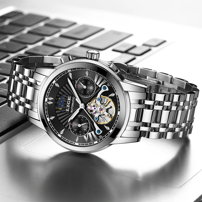 New LIGE Fashoin Mens Watches Top Brand Luxury Automatic Mechanical Tourbillon Watch Men Stainless Steel Waterproof Wrist Watch