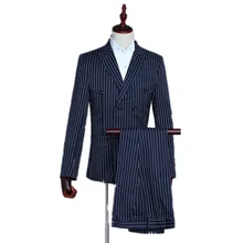 Темно-синий и белый приталенный повседневный костюм в двойную полоску с отворотами(пиджак+ брюки+ жилет), 3 комплекта приталенного двубортного костюма