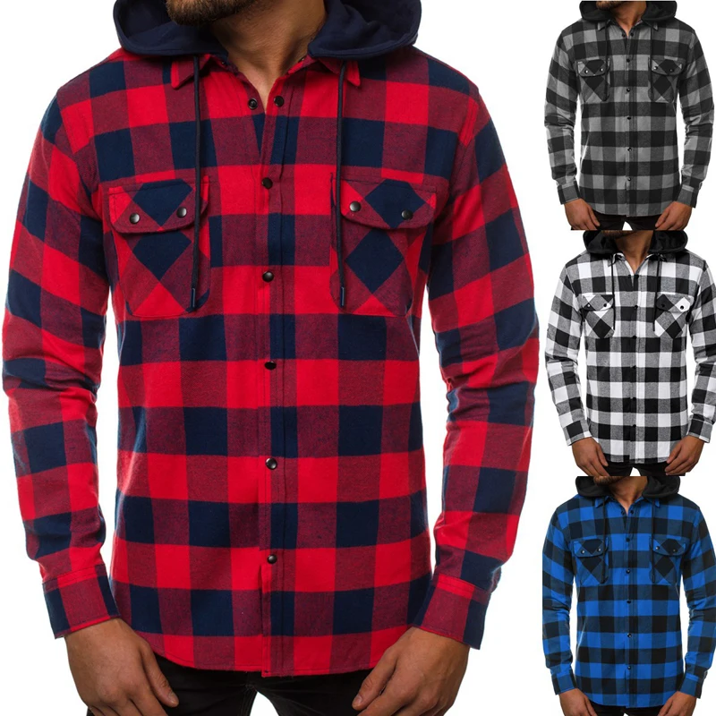 2020 Spring New Men's Plaid Hooded Shirt Tooling Pocket Detachable Hat Leisure Long Sleeve Men | Мужская одежда