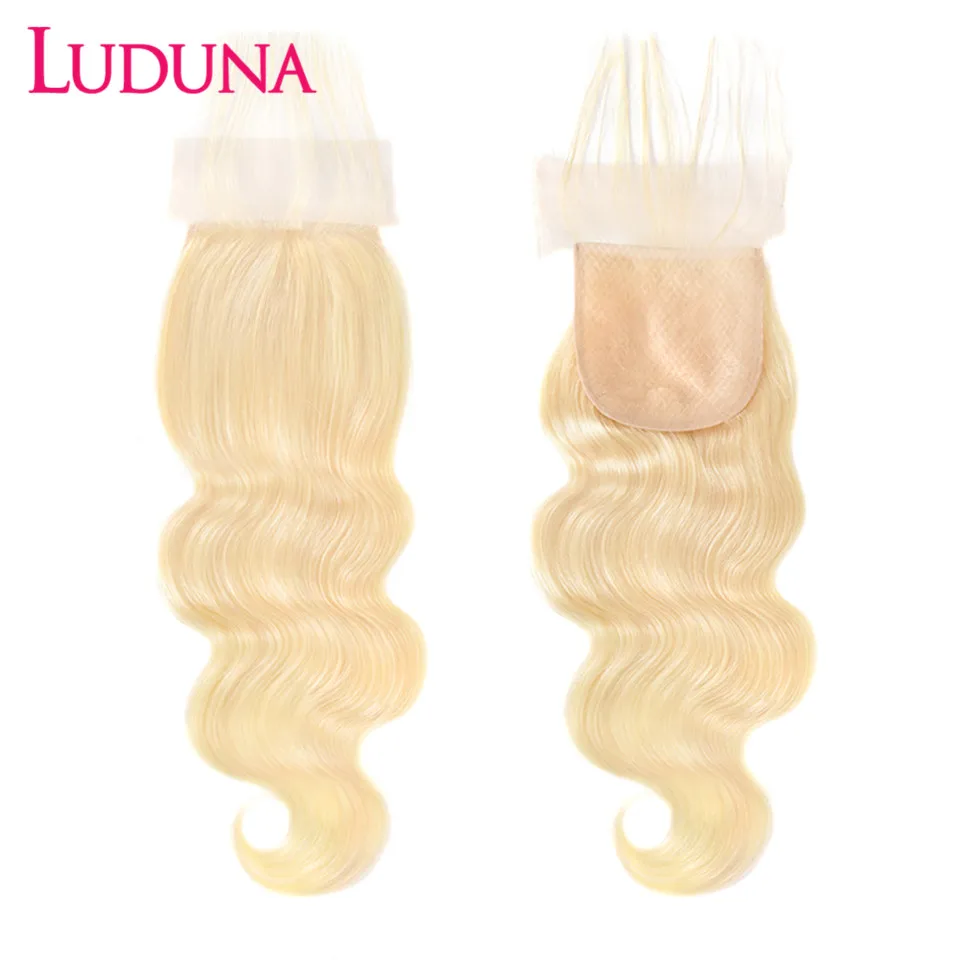 Luduna-extensiones de pelo brasileñas con encaje para mujer, 100% de pelo humano con cierre de encaje, color rubio 613, 4x4, Remy