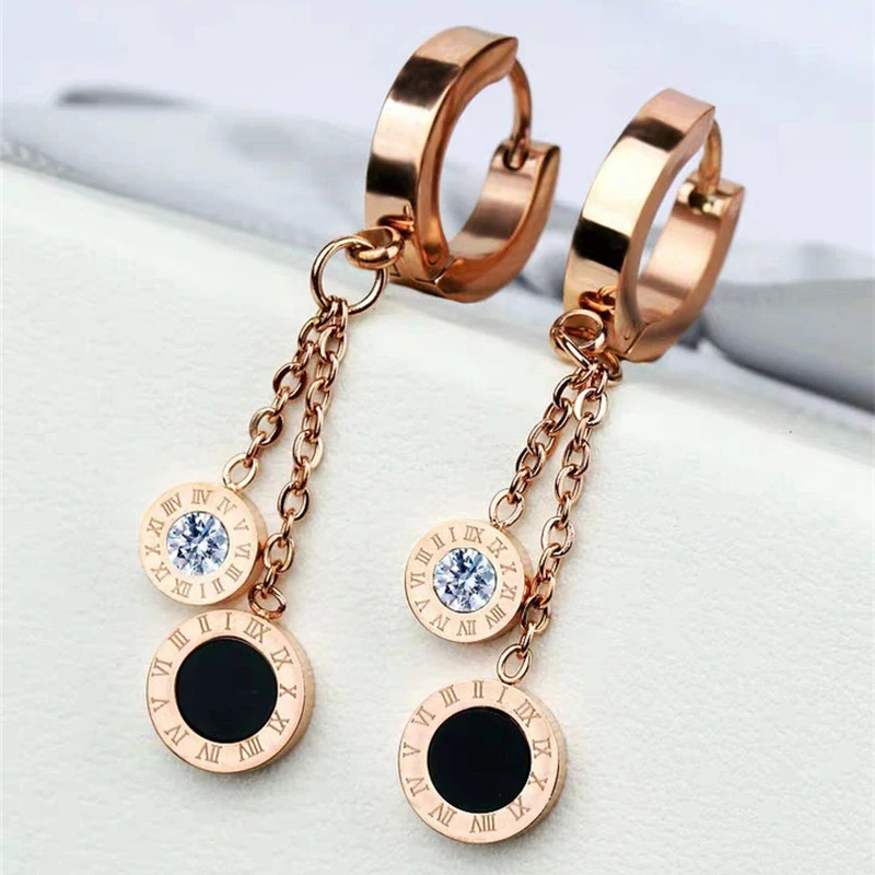 Classic Roman Digital Disc Pendant Rose Gold Long Earrings Girls' Luxury Jewelry Party Fashion Accessories For Woman dangle earrings,long earrings,pendant earrings