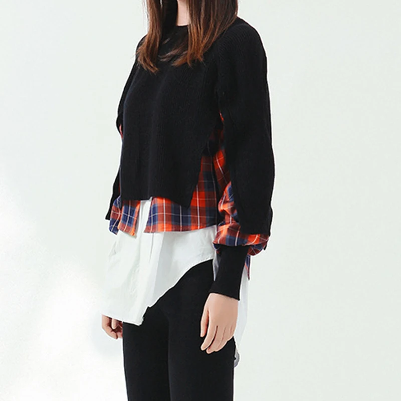 TWOTWINSTYLE Patchwork Striped Plaid Sweater For