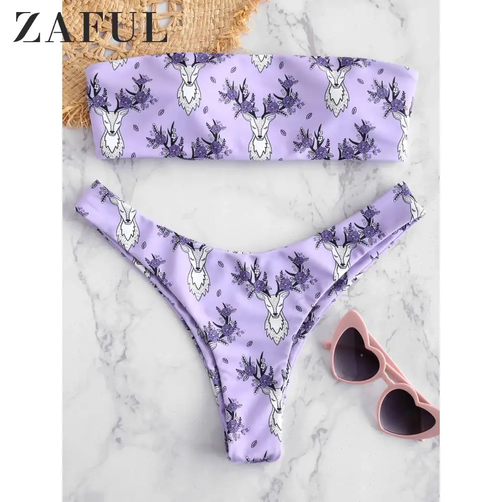  ZAFUL Floral Lace-up Shirred Bandeau Bikini 2019 Strapless Smocked Bikini Unlined Wire Free Swimsui