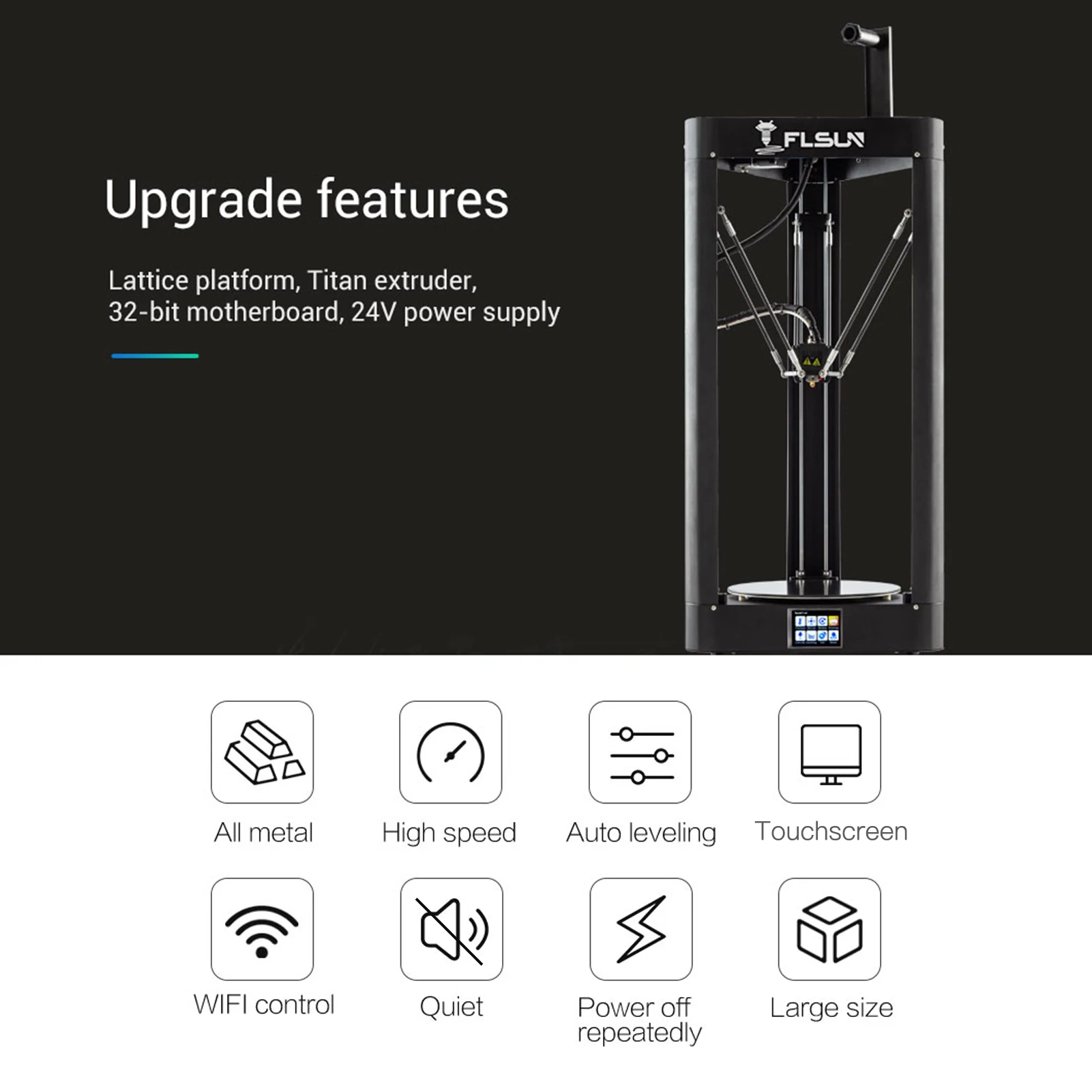 FLSUN QQ-S-Pro Delta 3D Printer Φ255*360mm Auto Leveling Quiet Print Lattice Glass Platform WiFi Remote Control Resume Printing